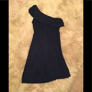 Navy One Shoulder Ruffle Dress
